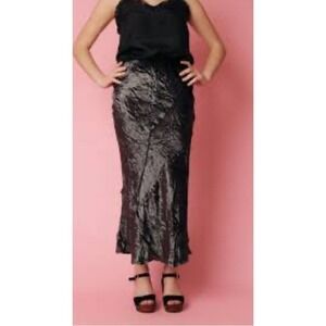 Free People‎ Crinkle Midi Skirt Ruffle Trim Asymmetrical Hem BOHO Gun Metal M
